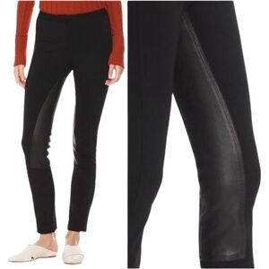 Theory Women’s Black Leather Patch Ankle Zip Fixture Ponte Skinny Riding Pants